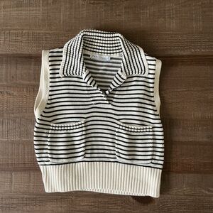 Zara Black and White Striped Knit Top Front Pockets and Collar